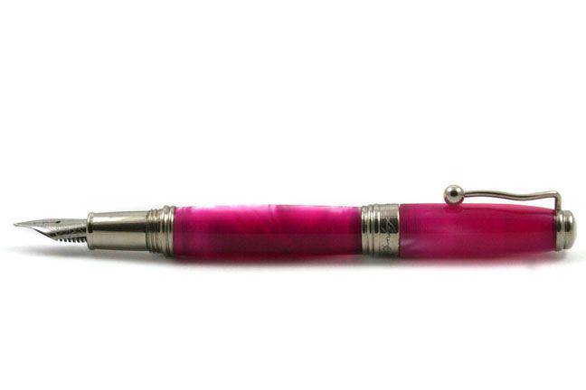 Jean-Pierre Lepine Indigo Classic Murano fountain pen with pink resin body and gold accents, fine nib, luxury writing instrument.