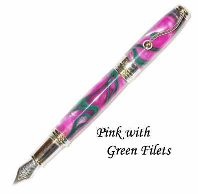 Jean-Pierre Lepine Indigo Classic Murano fountain pen with pink body and green filet, showcasing elegant craftsmanship and fine nib.