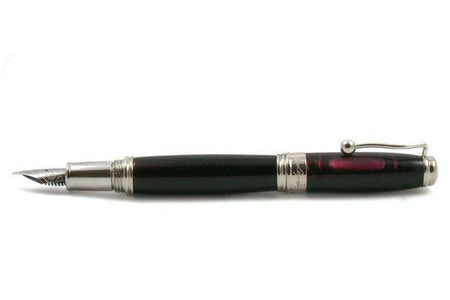 Jean-Pierre Lepine Indigo Classic Murano fountain pen with prune-colored resin and gold accents, fine nib, elegant writing instrument.