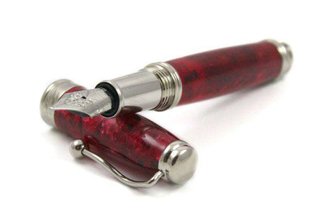 Jean-Pierre Lepine Indigo Classic Murano fountain pen with a red barrel and gold accents, showcasing a fine nib and elegant design.
