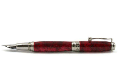 Jean-Pierre Lepine Indigo Classic Murano fountain pen with red resin body and gold accents, showcasing elegant craftsmanship.