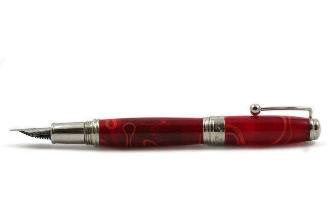 Jean-Pierre Lepine Indigo Classic Murano fountain pen in red with yellow filet, showcasing elegant design and fine craftsmanship.
