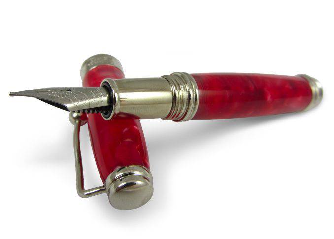 Jean-Pierre Lepine Indigo Classic Murano fountain pen with spotted red design, showcasing a fine nib and elegant craftsmanship.