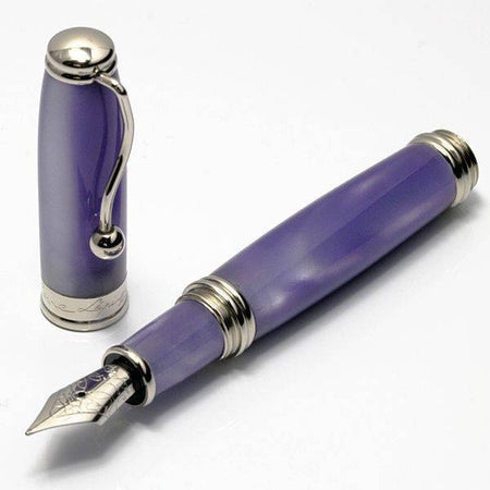 Jean-Pierre Lepine Indigo Classic Murano fountain pen with violet resin body and gold accents, showcasing a sleek, elegant design.