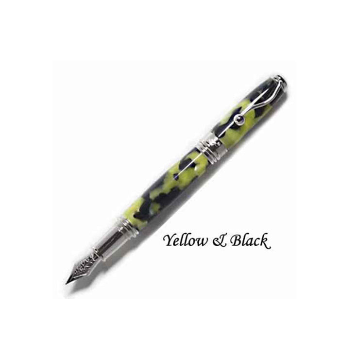 Jean-Pierre Lepine Indigo Classic Murano fountain pen with yellow and black design, featuring a fine nib.