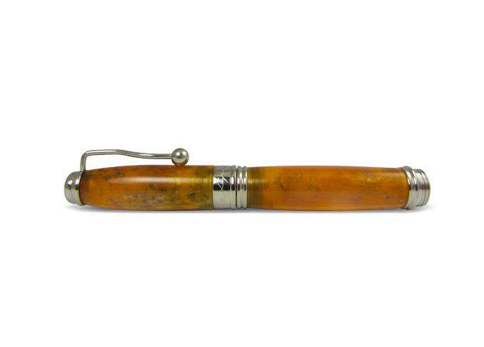 Jean-Pierre Lepine Indigo Classic Murano fountain pen with yellow-orange resin barrel and gold accents, showcasing elegant craftsmanship.