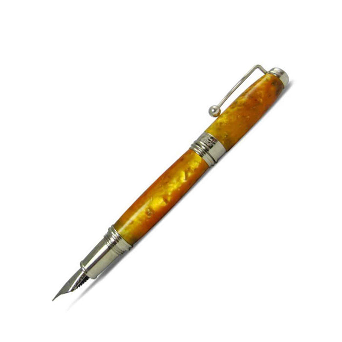 Jean-Pierre Lepine Indigo Classic Murano fountain pen with yellow-orange barrel and gold accents, fine nib.
