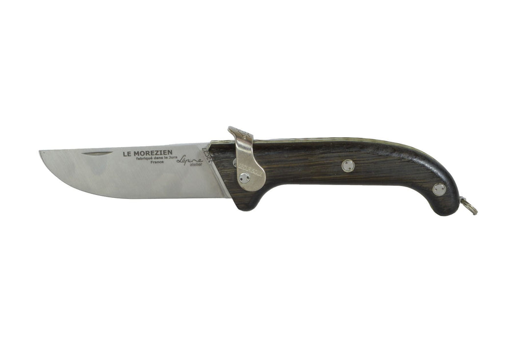Jean-Pierre Lepine Le Morezien Morta Wood club knife with a polished blade and wooden handle, displayed on a neutral background.