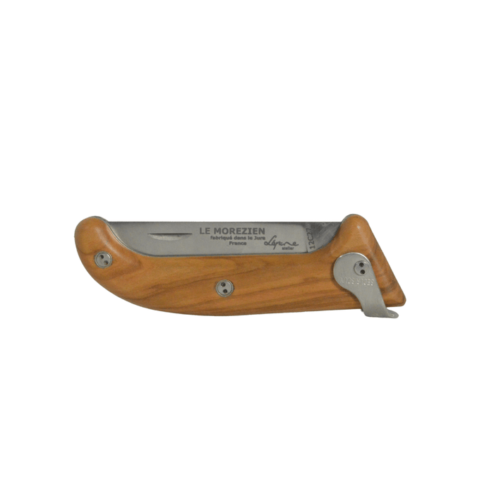 Jean Pierre-Lepine Le Morezien Olivier club knife with stainless steel blade and polished wooden handle, displayed on a neutral background.