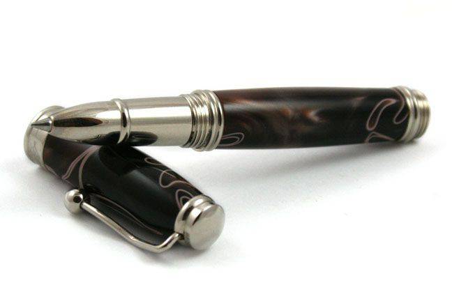 Jean-Pierre Lepine Indigo Classic Murano rollerball pen with brown barrel and beige filet, elegant writing instrument.