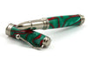 Jean-Pierre Lepine Indigo Classic Murano rollerball pen with green and red filet, featuring elegant glass design and smooth writing tip.
