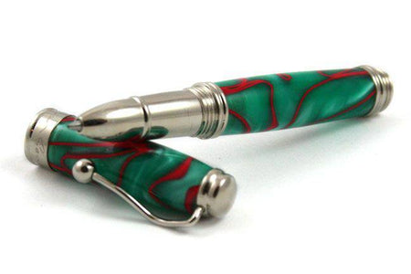 Jean-Pierre Lepine Indigo Classic Murano rollerball pen with green and red filet, featuring elegant glass design and smooth writing tip.