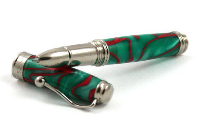 Jean-Pierre Lepine Indigo Classic Murano rollerball pen with green and red filet, featuring elegant glass design and smooth writing tip.