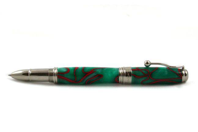 Jean-Pierre Lepine Indigo Classic Murano rollerball pen with green body and red filet design, showcasing elegant craftsmanship.