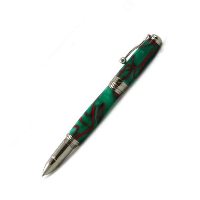 Jean-Pierre Lepine Indigo Classic Murano rollerball pen with green body and red filet design, elegant writing instrument.