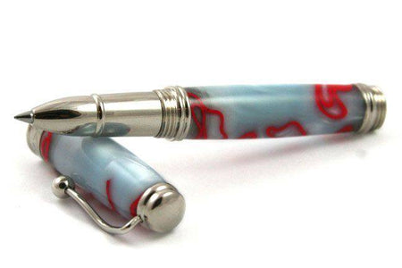 Jean-Pierre Lepine Indigo Classic Murano rollerball pen with grey body and red filet detailing, elegant writing instrument.