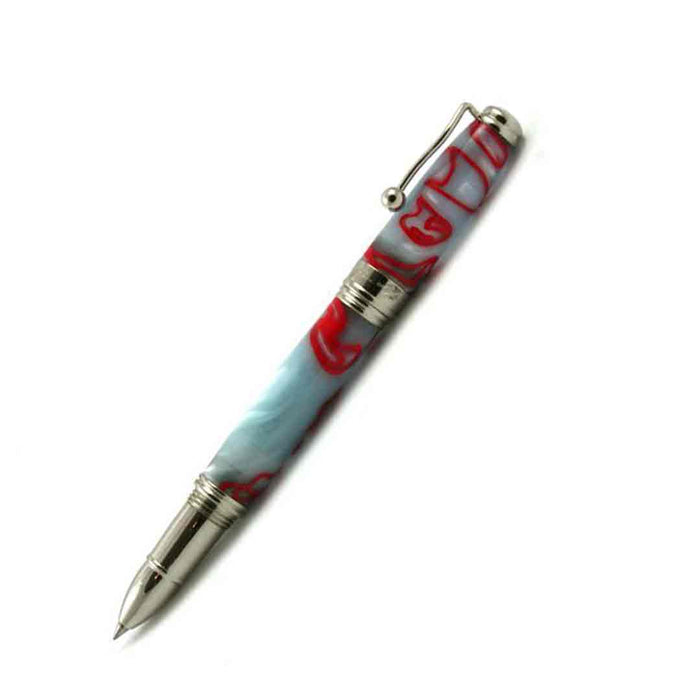 Jean-Pierre Lepine Indigo Classic Murano rollerball pen in grey with red filet, featuring a sleek design and smooth writing tip.