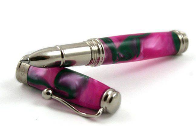 Jean-Pierre Lepine Indigo Classic Murano rollerball pen with pink body and green filet, elegant writing instrument.