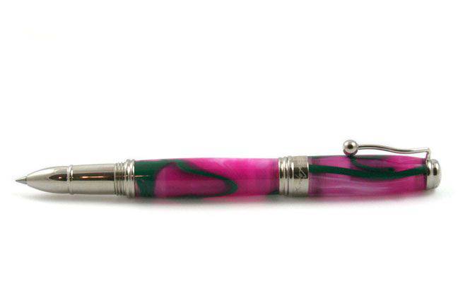 Jean-Pierre Lepine Indigo Classic Murano rollerball pen in pink with green filet, showcasing elegant glass design and fine craftsmanship.