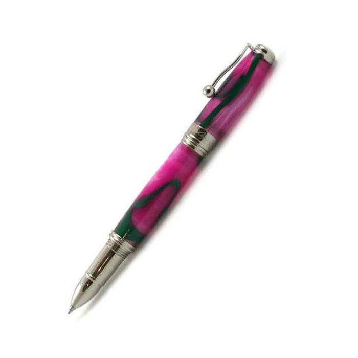 Jean-Pierre Lepine Indigo Classic Murano rollerball pen with pink body and green filet, elegant writing instrument.
