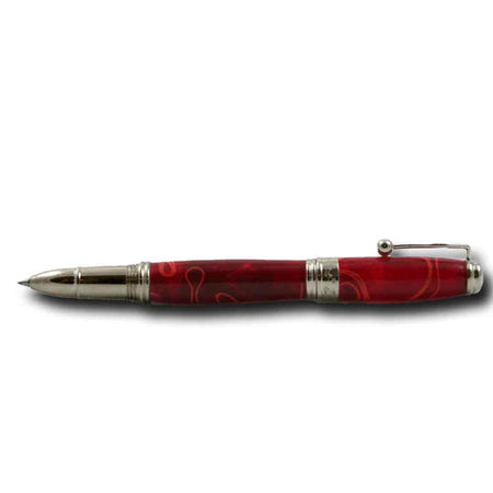 Jean-Pierre Lepine Indigo Classic Murano rollerball pen with red body and yellow filet design, showcasing elegant craftsmanship.