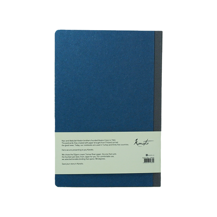 Karatis Egyptian Indigo notebook with Tomoe River paper, featuring a textured cover and closed binding, ideal for writing and journaling.