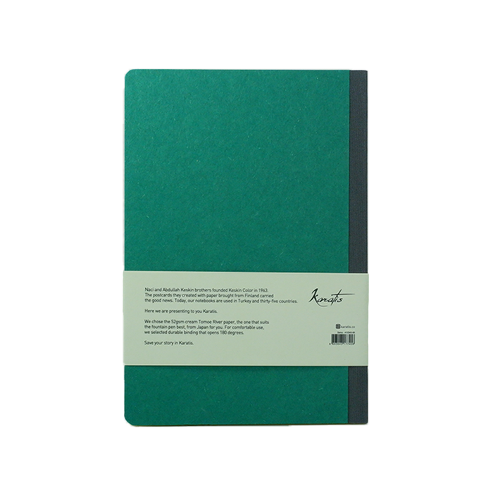 Karatis Selva Tomoe River Paper Notebook with green cover, featuring a sleek design and high-quality paper for writing.