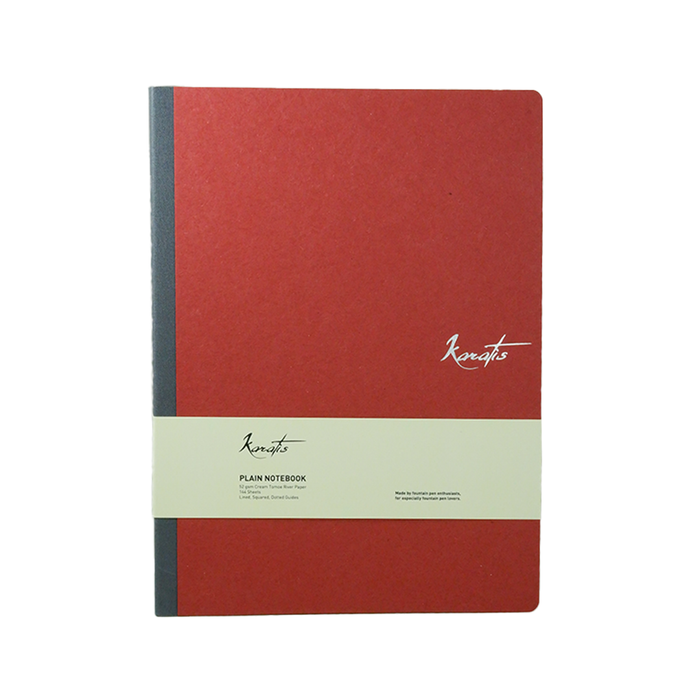 Red Karatis Sumac Tomoe River Paper Notebook with a smooth cover and detailed binding, designed for writing and note-taking.