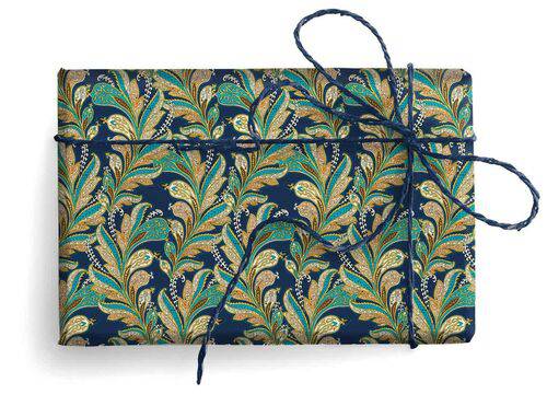 Blue paisley wrapping paper by Kartos, featuring intricate paisley patterns on smooth paper for gift wrapping.