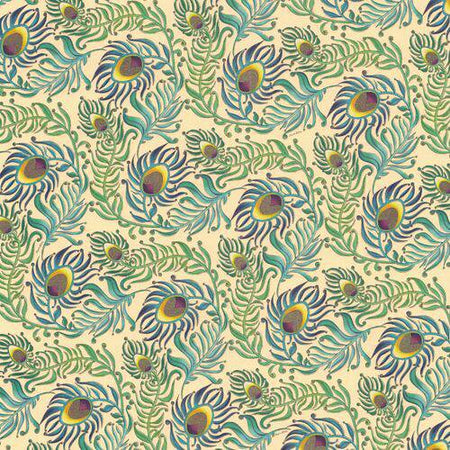 Kartos wrapping paper featuring elegant peacock feathers in vibrant blue and green hues, perfect for gift wrapping.