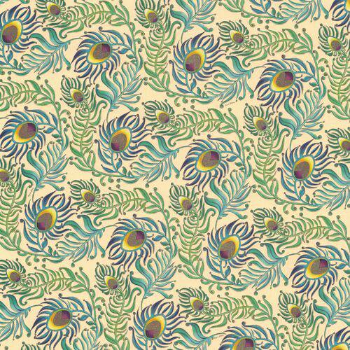 Kartos wrapping paper featuring elegant peacock feathers in vibrant blue and green hues, perfect for gift wrapping.