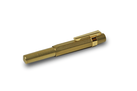 Kaweco Brass Sport fountain pen with a fine nib, showcasing its sleek brass finish and compact design.