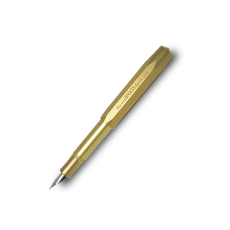 Kaweco Brass Sport fountain pen with a fine nib, showcasing its sleek brass body and compact design.