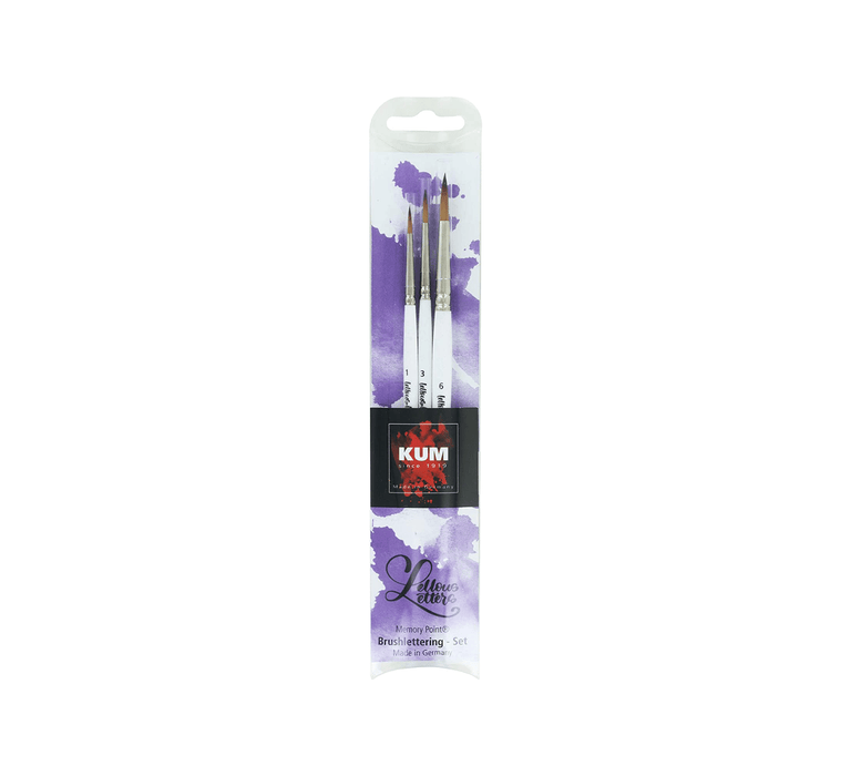 Set of three KUM Memory Point Brushletting brushes featuring Lellous Letters for detailed brush lettering and calligraphy.
