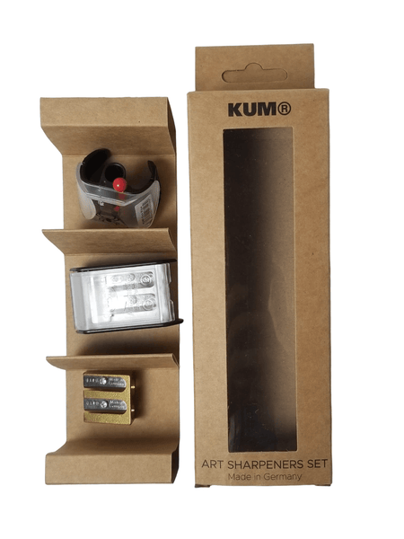 KUM Art Sharpener Set featuring a durable pencil sharpener with multiple sharpening options and colorful design.