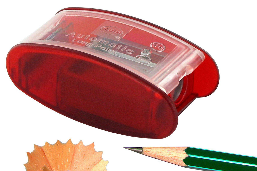 Red KUM Automatic2 Long Point Pencil Sharpener, compact electric sharpener with a sleek design and easy-to-use mechanism.