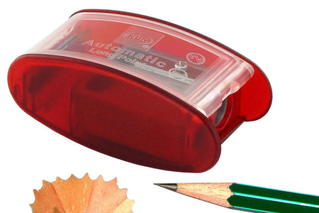 Red KUM Automatic2 Long Point Pencil Sharpener, compact electric sharpener with a sleek design and easy-to-use mechanism.