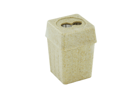 KUM Biofibre pencil sharpener in white with a compact design, featuring a transparent shavings container and ergonomic grip.