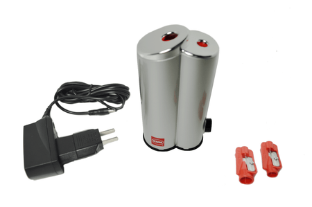 KUM electric pencil sharpener for 8 and 11 mm pencils with charger, compact and easy to use for precise sharpening.