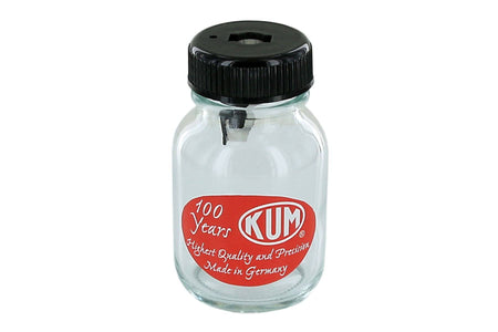 KUM glass pencil sharpener with transparent design and metal blade for precise sharpening of pencils.