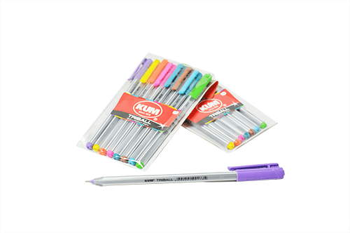 Set of eight KUM Triball pens with colorful barrels and black tips, designed for smooth writing and comfortable grip.