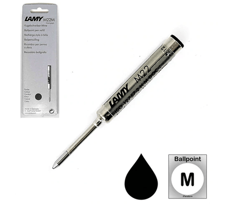 Lamy M22 compact ballpoint pen refill in fine black ink, designed for smooth writing and easy replacement.