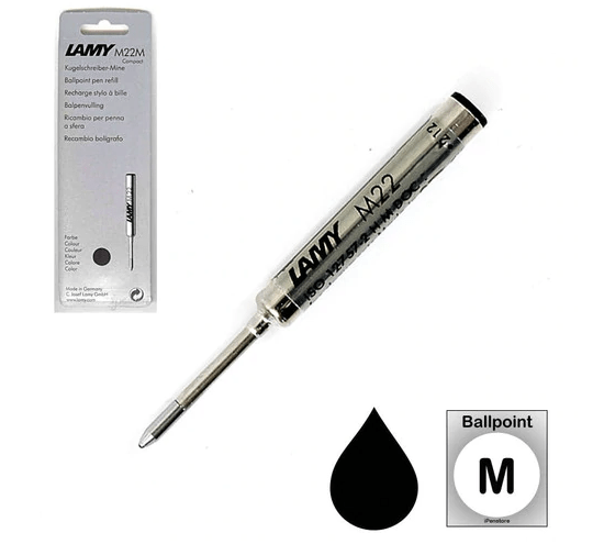 Lamy M22 compact ballpoint pen refill in fine black ink, designed for smooth writing and easy replacement.
