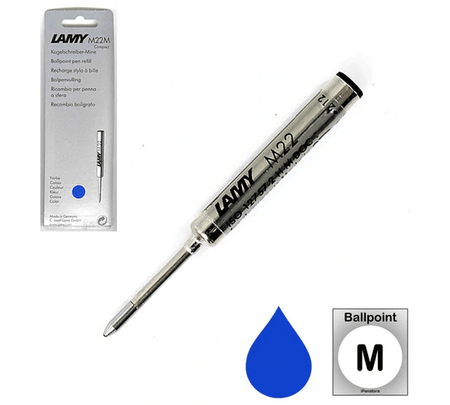 Lamy M22 ballpoint pen refill in black, compact size, compatible with Lamy ballpoint pens, featuring a fine writing tip.