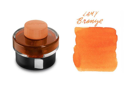 Lamy bronze fountain pen ink in a 50ml glass bottle, with a clear label and a black screw cap.