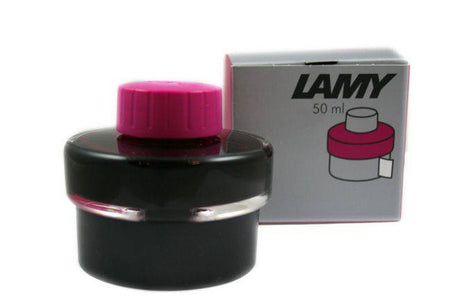 Lamy branded 50ml bottle of vibrant pink fountain pen ink, showcasing the colorful ink inside the clear glass bottle.