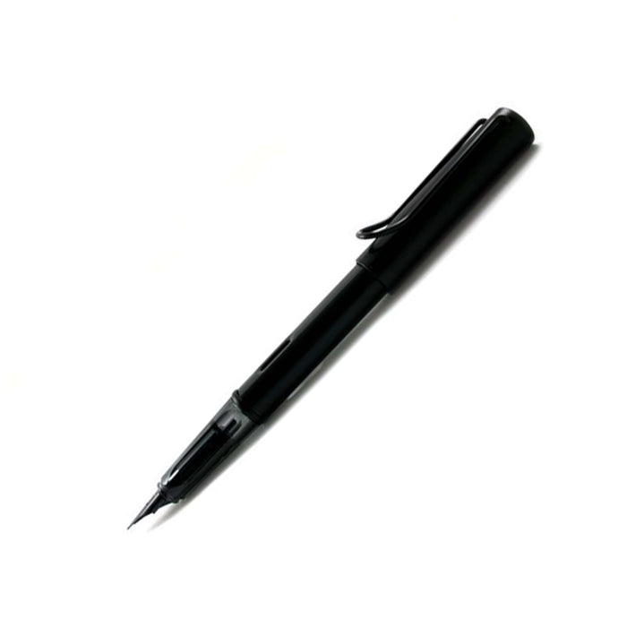 Lamy AL Star black fountain pen with extra-fine steel nib, showcasing sleek design and smooth writing tip.