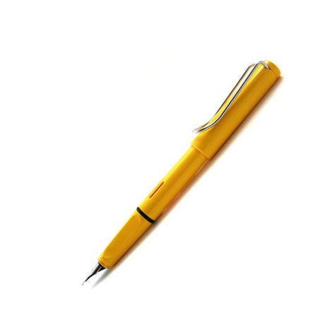 Blue Lamy Safari fountain pen with stainless steel nib, featuring a streamlined design and transparent barrel.