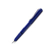 Blue Lamy Safari fountain pen with an extra-fine steel nib, showcasing its sleek design and compact size.