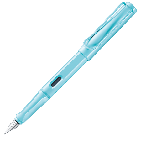Blue Lamy Safari fountain pen with steel nib, featuring a sleek design and transparent body for smooth writing.
